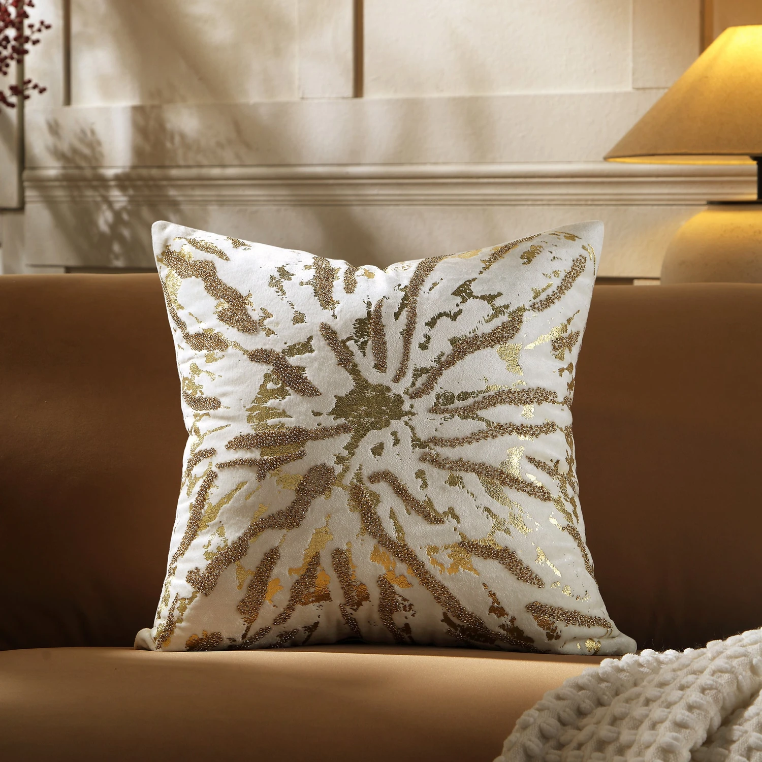 Luxe Collection Starburst Gold Foil Hand Beaded Velvet Cushion 1 Luxe Collection Starburst Gold Foil Hand Beaded Velvet Cushion