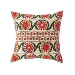 Indra Suzani Pink and Orange Floral Crewelwork Wool Embroidered Cushion - 50x50cm