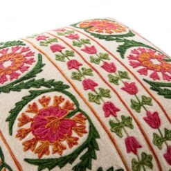 Indra Suzani Pink and Orange Floral Crewelwork Wool Embroidered Cushion - 50x50cm -Daals Store HW CUSH SUZANI PINK detail1