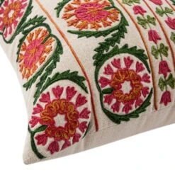 Indra Suzani Pink and Orange Floral Crewelwork Wool Embroidered Cushion - 50x50cm -Daals Store HW CUSH SUZANI PINK detail2