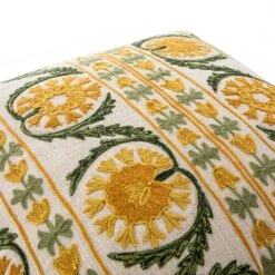Indra Suzani Sundance Yellow Floral Crewelwork Wool Embroidered Cushion - 50x50cm -Daals Store HW CUSH SUZANI YELLOW detail1