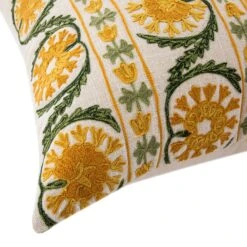 Indra Suzani Sundance Yellow Floral Crewelwork Wool Embroidered Cushion - 50x50cm -Daals Store HW CUSH SUZANI YELLOW detail2
