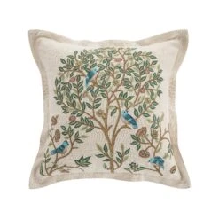 Flora & Fauna Cream Tree of Life Hand Embroidered Cushion – Jacobean Crewelwork 50x50 Cotton Square Pillow -Daals Store HW CUSH TREELIFE WB1