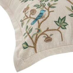 Flora & Fauna Cream Tree of Life Hand Embroidered Cushion – Jacobean Crewelwork 50x50 Cotton Square Pillow -Daals Store HW CUSH TREELIFE detail2