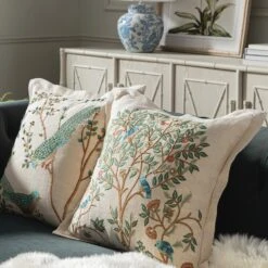 Flora & Fauna Cream Tree of Life Hand Embroidered Cushion – Jacobean Crewelwork 50x50 Cotton Square Pillow -Daals Store HW CUSH TREELIFE scene1
