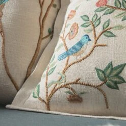 Flora & Fauna Cream Tree of Life Hand Embroidered Cushion – Jacobean Crewelwork 50x50 Cotton Square Pillow -Daals Store HW CUSH TREELIFE scene3