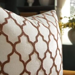 Luxe Collection Pearl White & Bronze – Trellis Hand Beaded Velvet Cushion -Daals Store HW CUSH TRELLIS45 scene2
