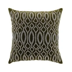 Verona Beaded Moss Green Cotton Velvet Cushion – Luxe Collection Silver Geometric Accent -Daals Store HW CUSH VERONA45 WB1