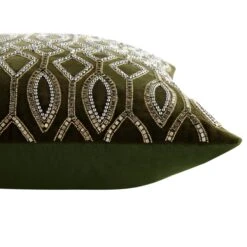 Verona Beaded Moss Green Cotton Velvet Cushion – Luxe Collection Silver Geometric Accent -Daals Store HW CUSH VERONA45 detail1