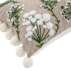 Wildflower Rectangular Linen Pom Pom Cushion - Beige and Green Embroidered Country Floral Pillow -Daals Store HW CUSH WILDFLOWER RECT detail1