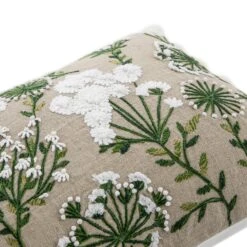 Wildflower Rectangular Linen Pom Pom Cushion - Beige and Green Embroidered Country Floral Pillow -Daals Store HW CUSH WILDFLOWER RECT detail2