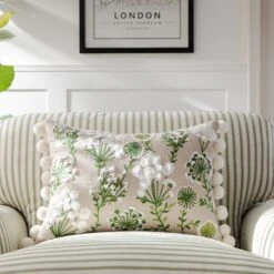 Wildflower Rectangular Linen Pom Pom Cushion - Beige and Green Embroidered Country Floral Pillow