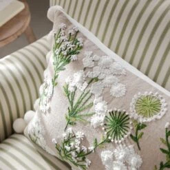 Wildflower Rectangular Linen Pom Pom Cushion - Beige and Green Embroidered Country Floral Pillow -Daals Store HW CUSH WILDFLOWER RECT scene2