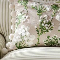 Wildflower Rectangular Linen Pom Pom Cushion - Beige and Green Embroidered Country Floral Pillow -Daals Store HW CUSH WILDFLOWER RECT scene4