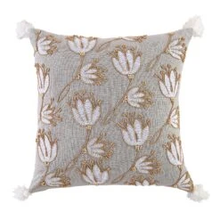 Wild Lotus Hand Embroidered Floral Cushion - Vine Collection Light Grey Beaded Decor -Daals Store HW CUSH WILDLOTUS45 WB1
