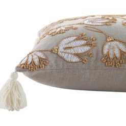 Wild Lotus Hand Embroidered Floral Cushion - Vine Collection Light Grey Beaded Decor -Daals Store HW CUSH WILDLOTUS45 detail1