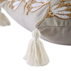 Wild Lotus Hand Embroidered Floral Cushion - Vine Collection Light Grey Beaded Decor -Daals Store HW CUSH WILDLOTUS45 detail2