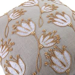 Wild Lotus Hand Embroidered Floral Cushion - Vine Collection Light Grey Beaded Decor -Daals Store HW CUSH WILDLOTUS45 detail3