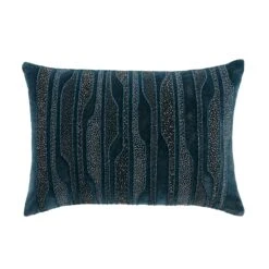 Luxe Collection Zita Beaded Teal Cotton Velvet Cushion – Handmade Silver Beadwork Rectangular Accent -Daals Store HW CUSH ZITA35 WB1
