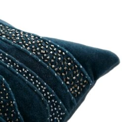 Luxe Collection Zita Beaded Teal Cotton Velvet Cushion – Handmade Silver Beadwork Rectangular Accent -Daals Store HW CUSH ZITA35 detail2