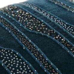 Luxe Collection Zita Beaded Teal Cotton Velvet Cushion – Handmade Silver Beadwork Rectangular Accent -Daals Store HW CUSH ZITA35 detail3