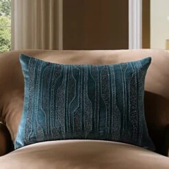 Luxe Collection Zita Beaded Teal Cotton Velvet Cushion – Handmade Silver Beadwork Rectangular Accent