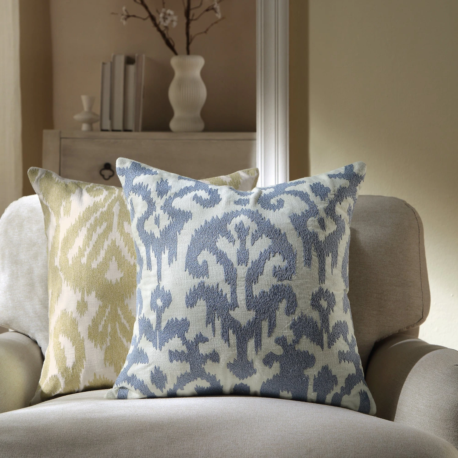 Ikat Collection Dusty Blue Hand Embroidered Traditional Motif Square Cushion 1 Ikat Collection Dusty Blue Hand Embroidered Traditional Motif Square Cushion