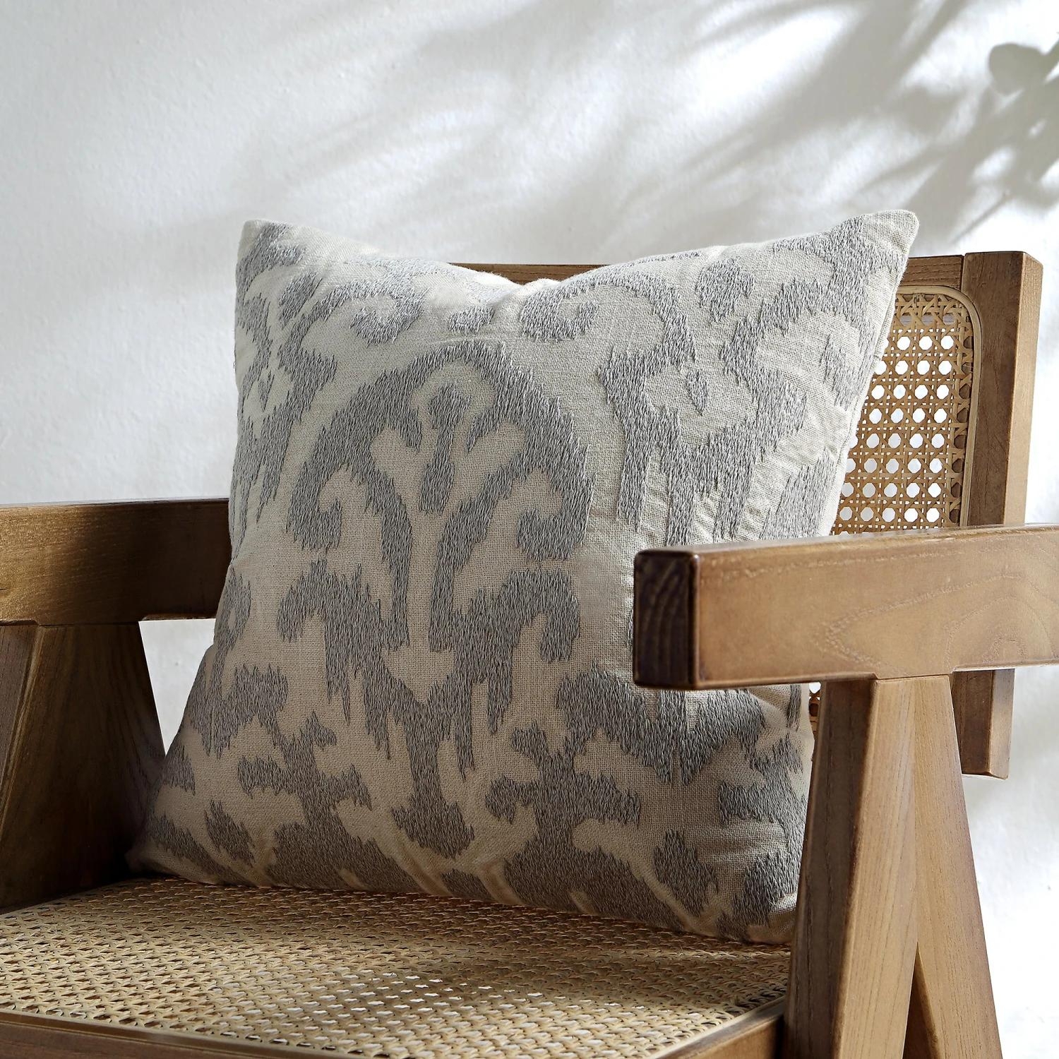 Ikat Collection Lunar Grey Hand Embroidered Cotton Cushion - 45x45 Variegated Pattern Pillow 3 Ikat Collection Lunar Grey Hand Embroidered Cotton Cushion - 45x45 Variegated Pattern Pillow - Image 3