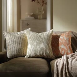 Sage Green Ikat Hand Embroidered Cushion – 45x45 Traditional Cotton Decorative Pillow