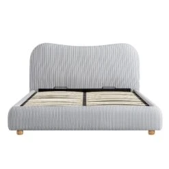 Egerie Curved Headboard Slate Blue Striped Fabric Ottoman Storage Bed -Daals Store JAH 011 BLUE STRIPE WB1