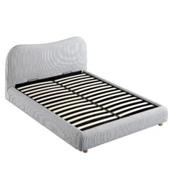 Egerie Curved Headboard Slate Blue Striped Fabric Ottoman Storage Bed -Daals Store JAH 011 BLUE STRIPE WB3