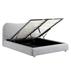 Egerie Curved Headboard Slate Blue Striped Fabric Ottoman Storage Bed -Daals Store JAH 011 BLUE STRIPE WB4