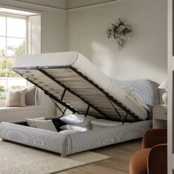 Egerie Curved Headboard Slate Blue Striped Fabric Ottoman Storage Bed -Daals Store JAH 011 BLUE STRIPE scene2