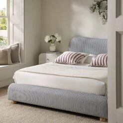 Egerie Curved Headboard Slate Blue Striped Fabric Ottoman Storage Bed -Daals Store JAH 011 BLUE STRIPE scene3