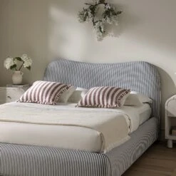 Egerie Curved Headboard Slate Blue Striped Fabric Ottoman Storage Bed -Daals Store JAH 011 BLUE STRIPE scene4