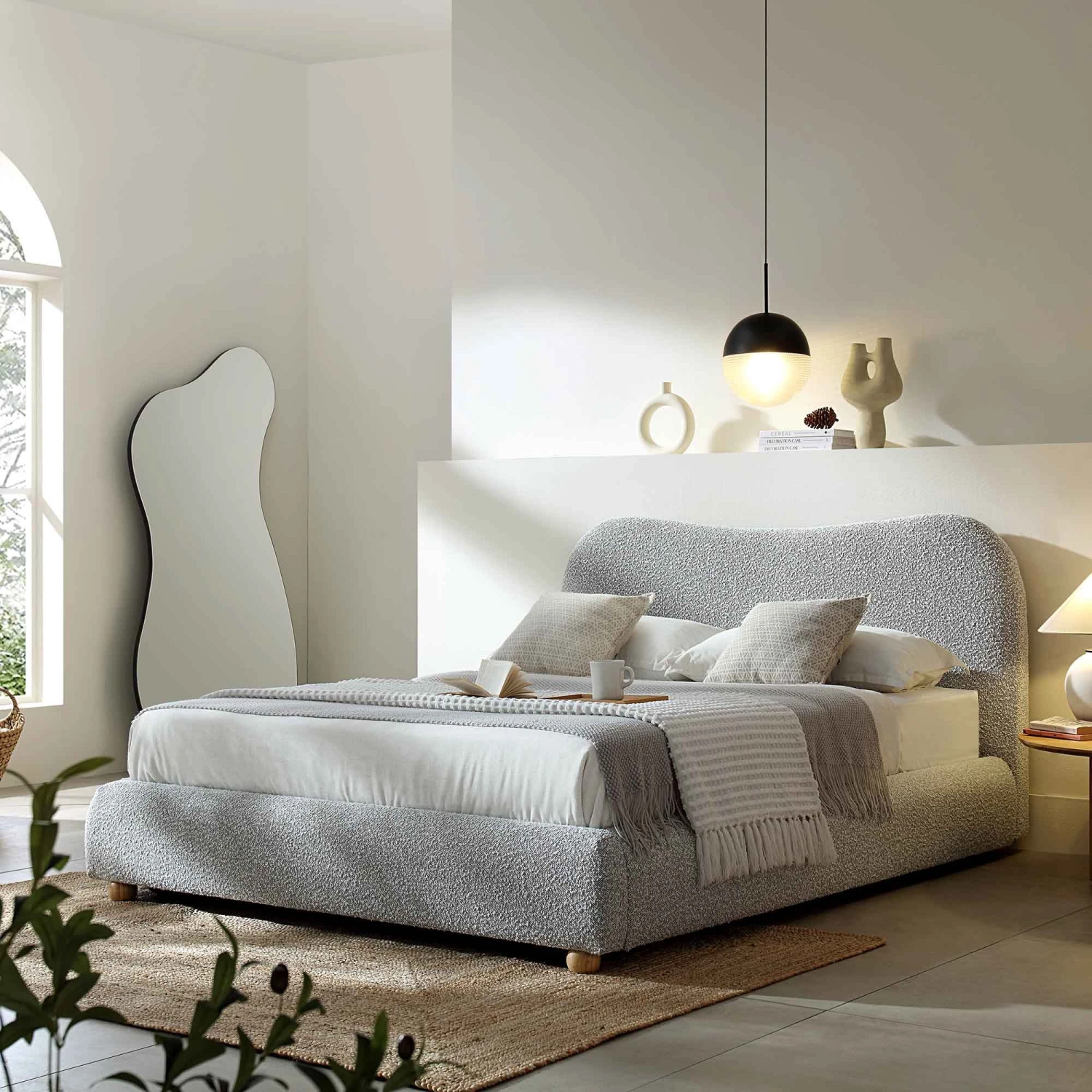 Egerie Curved Headboard Mist Grey Boucle Ottoman Storage Bed 1 Egerie Curved Headboard Mist Grey Boucle Ottoman Storage Bed