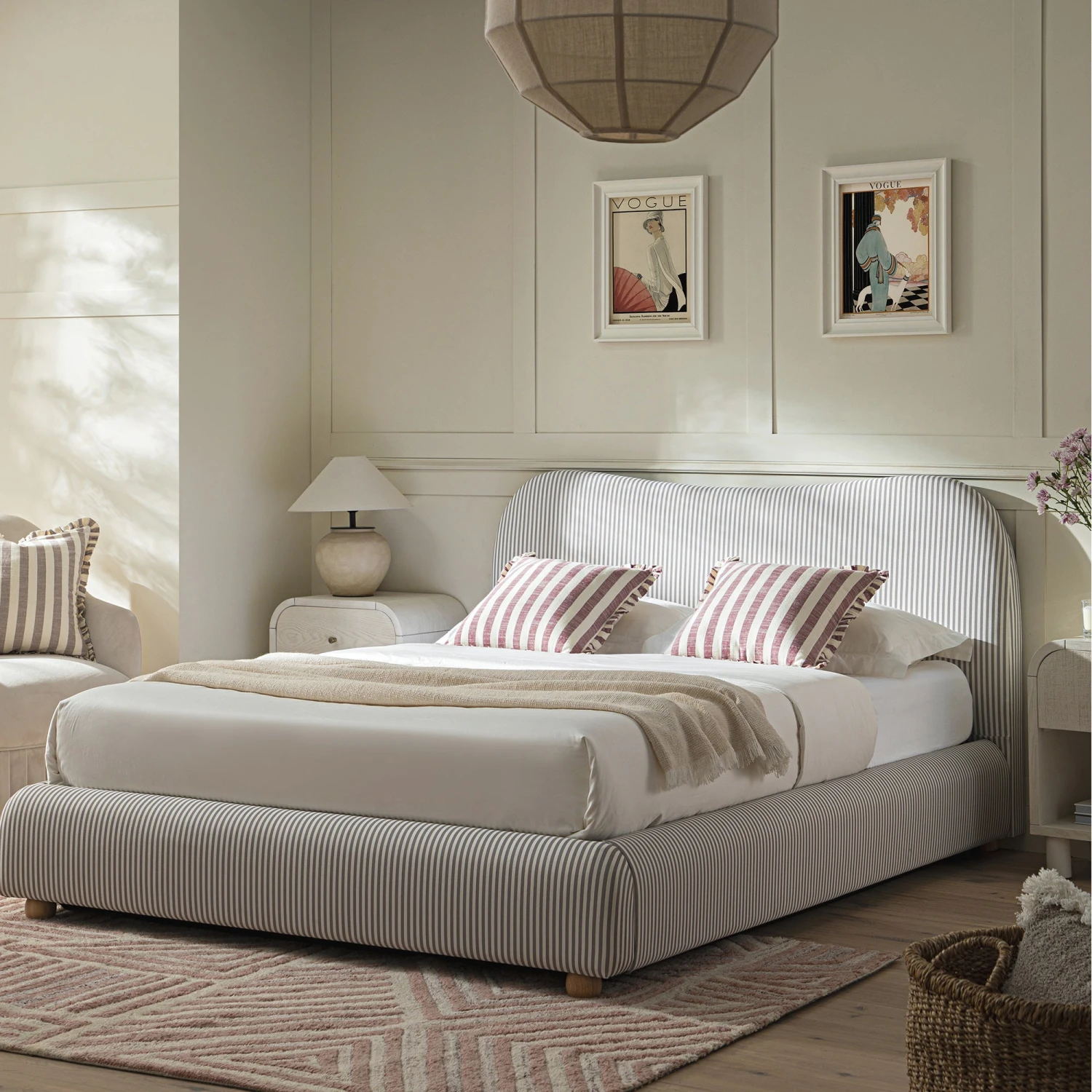 Egerie Curved Headboard Light Taupe Striped Fabric Ottoman Storage Bed 1 Egerie Curved Headboard Light Taupe Striped Fabric Ottoman Storage Bed