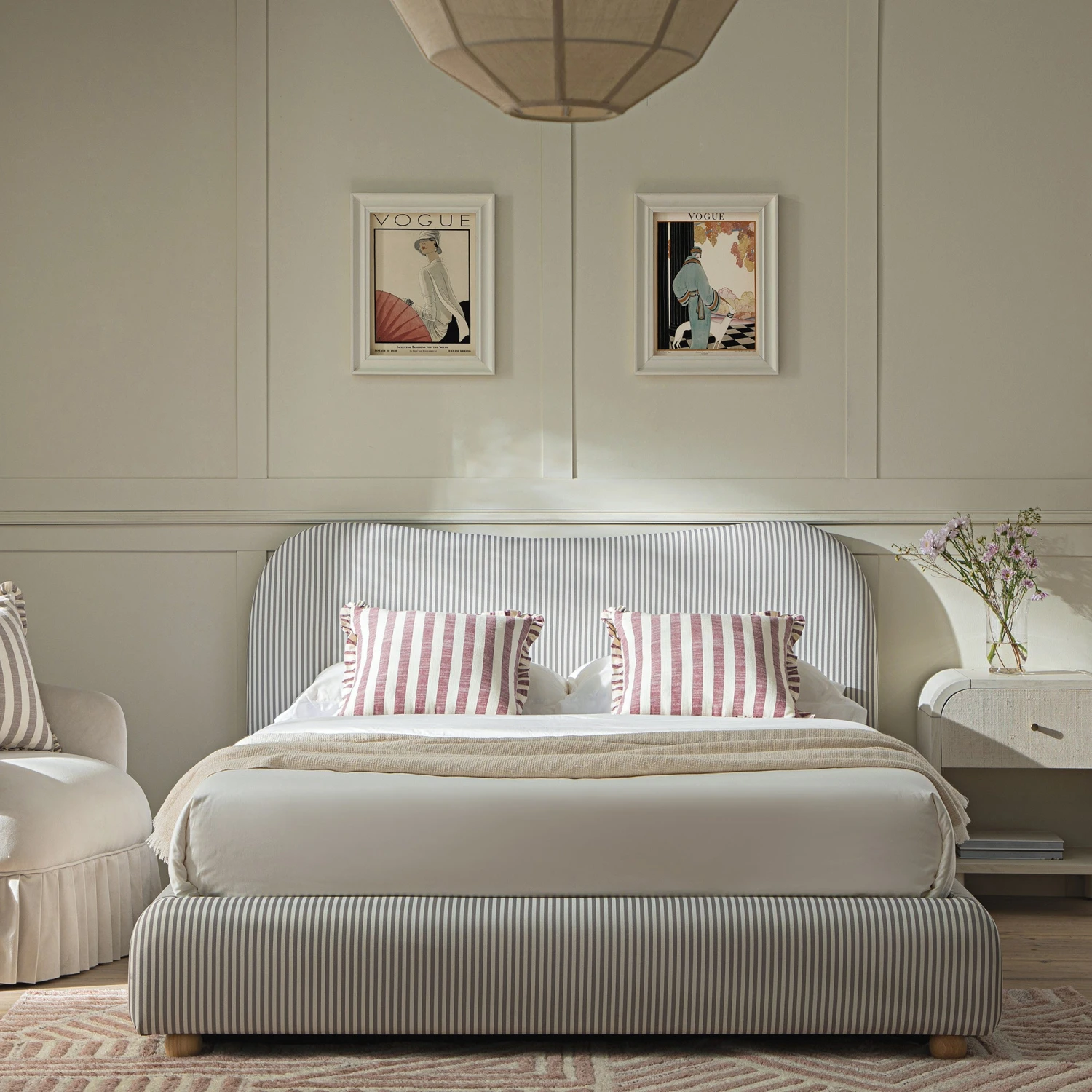 Egerie Curved Headboard Light Taupe Striped Fabric Ottoman Storage Bed 2 Egerie Curved Headboard Light Taupe Striped Fabric Ottoman Storage Bed - Image 2