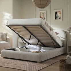 Egerie Curved Headboard Light Taupe Striped Fabric Ottoman Storage Bed 21 Egerie Curved Headboard Light Taupe Striped Fabric Ottoman Storage Bed -Daals Store JAH 011 TAUPE STRIPE scene2