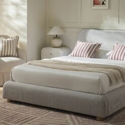 Egerie Curved Headboard Light Taupe Striped Fabric Ottoman Storage Bed 22 Egerie Curved Headboard Light Taupe Striped Fabric Ottoman Storage Bed -Daals Store JAH 011 TAUPE STRIPE scene3