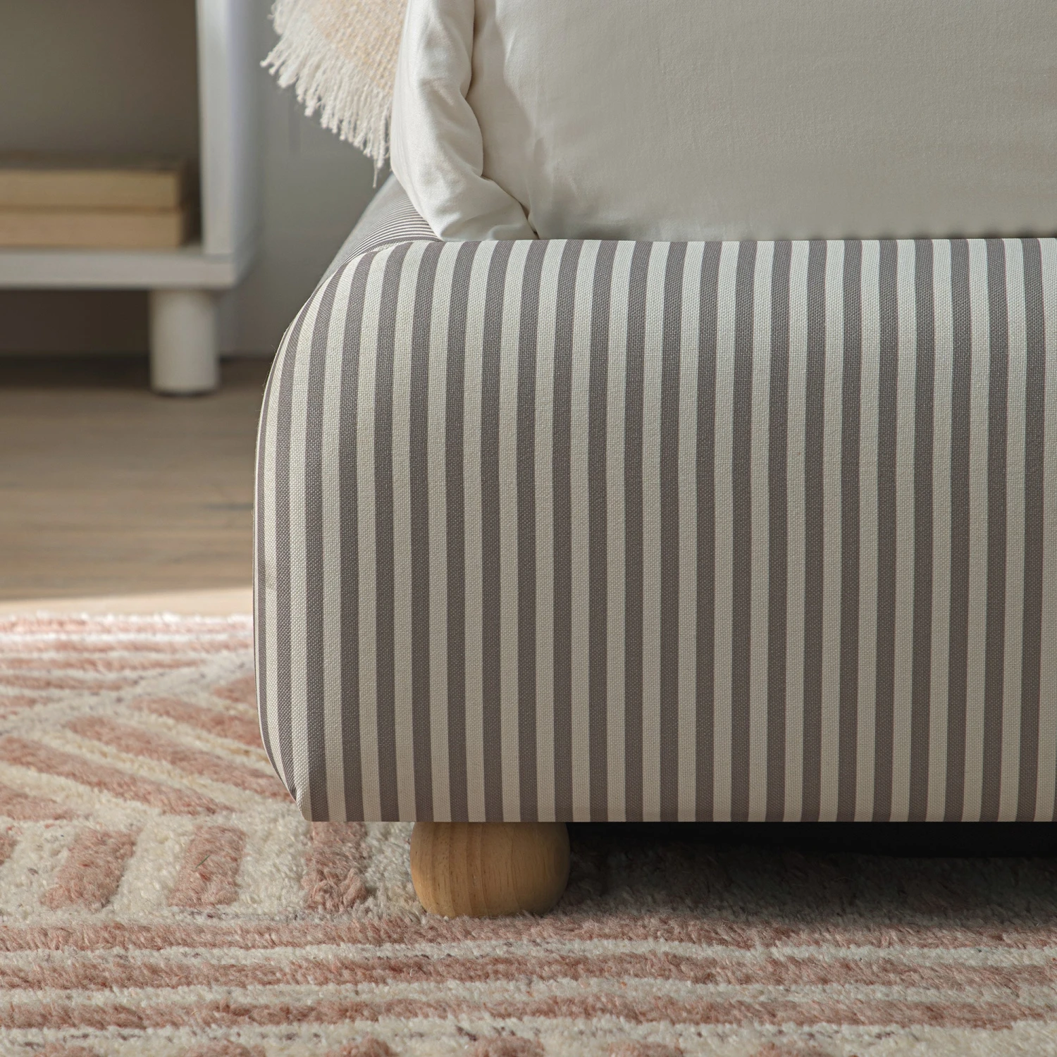 Egerie Curved Headboard Light Taupe Striped Fabric Ottoman Storage Bed 6 Egerie Curved Headboard Light Taupe Striped Fabric Ottoman Storage Bed - Image 6