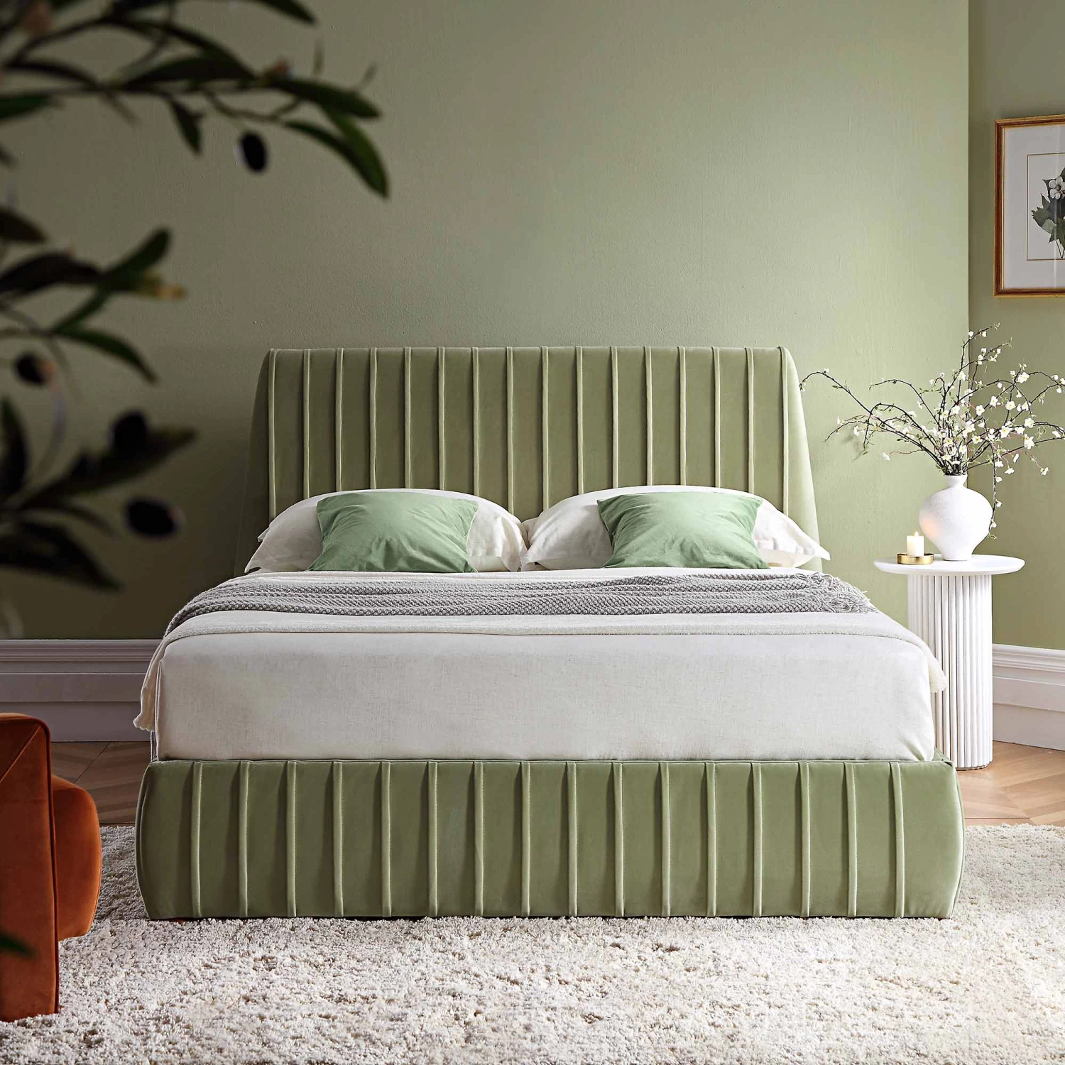 Helia Pleated Ottoman Storage Bed, Lichen Velvet 2 Helia Pleated Ottoman Storage Bed, Lichen Velvet - Image 2