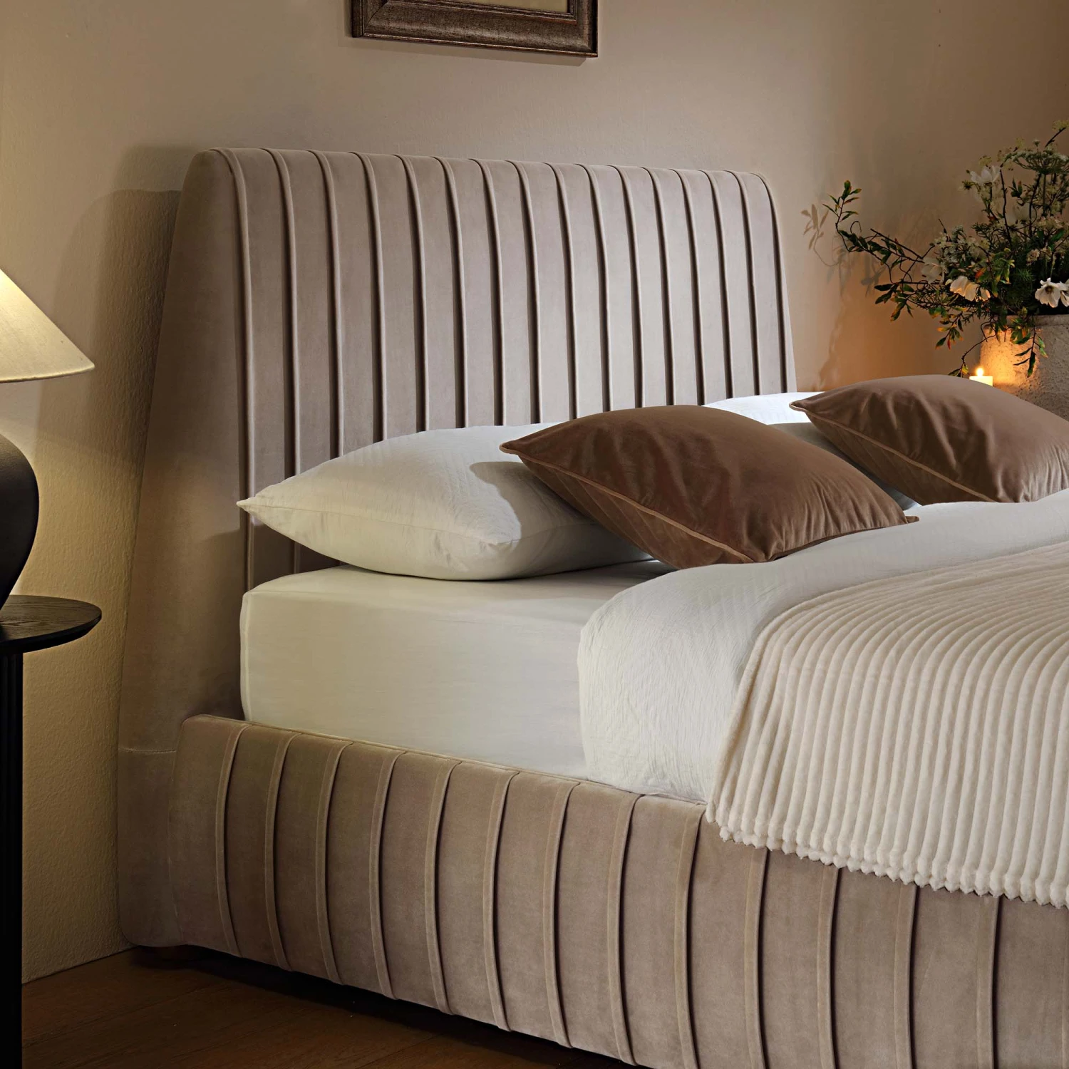 Helia Pleated Ottoman Storage Bed, Taupe Velvet 4 Helia Pleated Ottoman Storage Bed, Taupe Velvet - Image 4