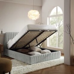 Helia Pleated Ottoman Storage Bed, Silver Grey Velvet 18 Helia Pleated Ottoman Storage Bed, Silver Grey Velvet -Daals Store JAH 012 PALEGREY VEL scene2