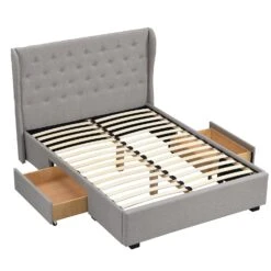 Weston Buttoned Wing Back Upholstered 2-Drawer Storage Bed (Grey Fabric) -Daals Store JAH 03 GREYFAB WB3