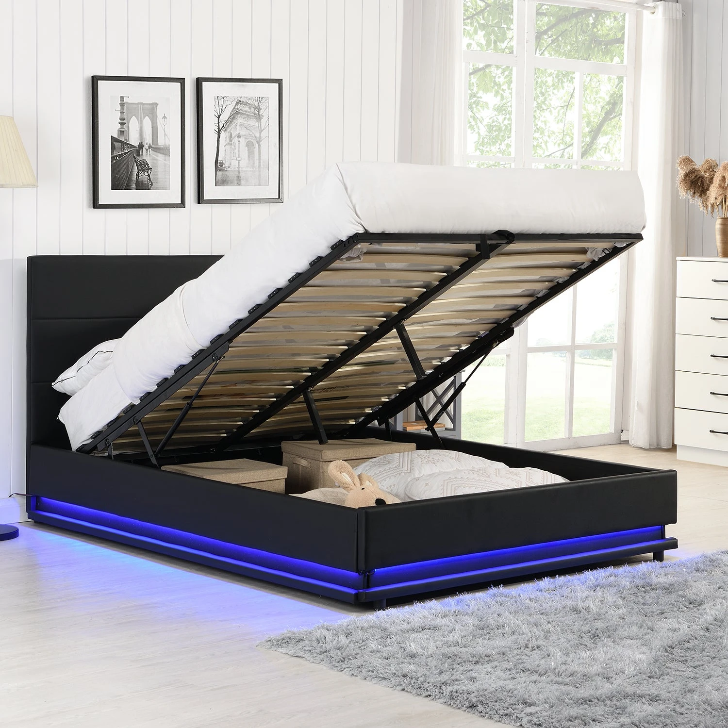 Buxton Faux Leather End Opening Ottoman Storage Bed Frame With Multi-colour LED Light Strip (Black PU) 2 Buxton Faux Leather End Opening Ottoman Storage Bed Frame With Multi-colour LED Light Strip (Black PU) - Image 2