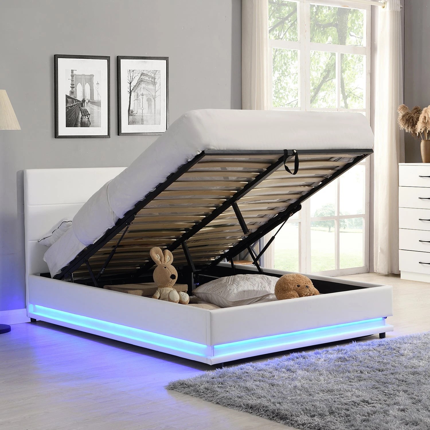 Buxton Faux Leather End Opening Ottoman Storage Bed Frame With Muti-colour LED Light Strip (White PU) 2 Buxton Faux Leather End Opening Ottoman Storage Bed Frame With Muti-colour LED Light Strip (White PU) - Image 2