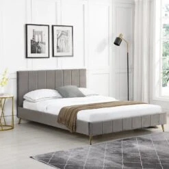 Sylvie Velvet Upholstered Bed Frame With Golden Chrome Legs (Grey)