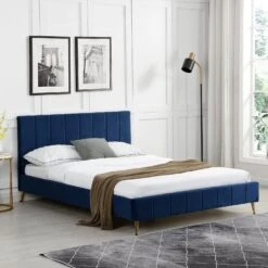 Sylvie Velvet Upholstered Bed Frame With Golden Chrome Legs, Navy Velvet