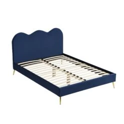Gidea Velvet Upholstered Bed Frame With Scalloped Headboard & Golden Chrome Legs -Daals Store JAH 07 NAVYVEL WB2